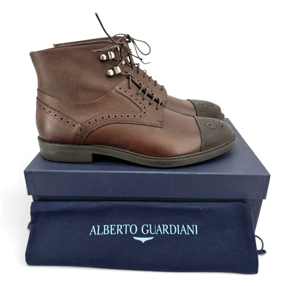 Alberto Guardiani Tintoretto Brown Leather Cap Toe Boots EU 43 Made in Italy New